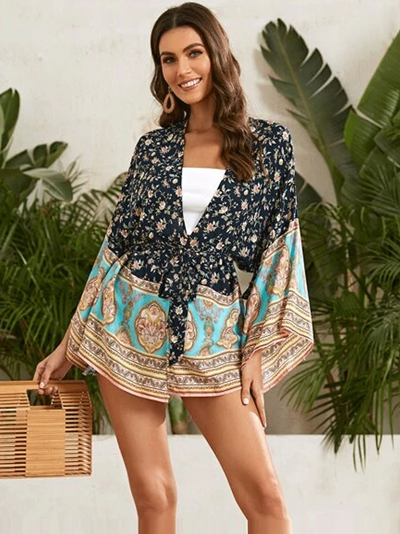 Navy Blue Floral Paisley Border Bell Sleeve Tie Waist Short Kimono