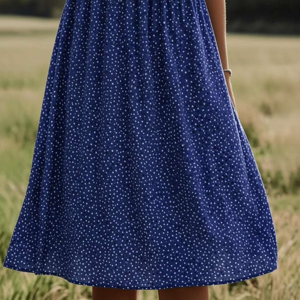 Dark Blue Split Neck Dotted Print Short Sleeve A-Line Midi Dress 3
