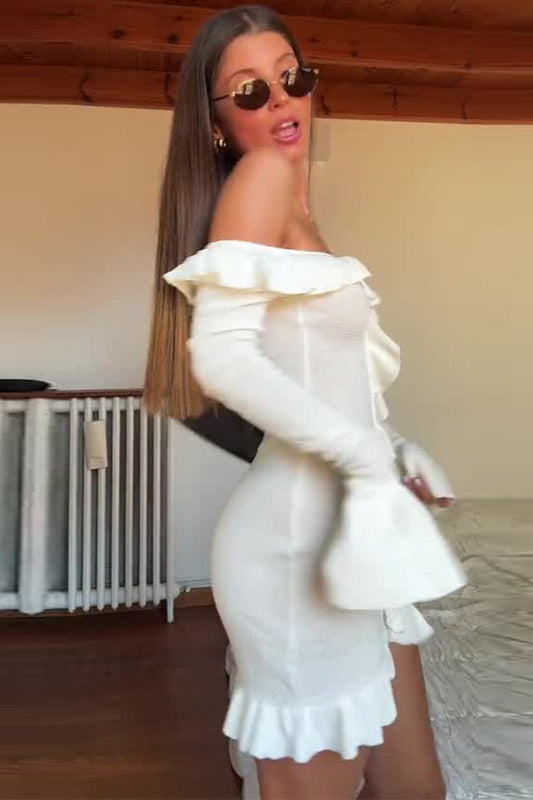 Ruffled OffShoulder Chic Bodycon Mini Sweater Dress