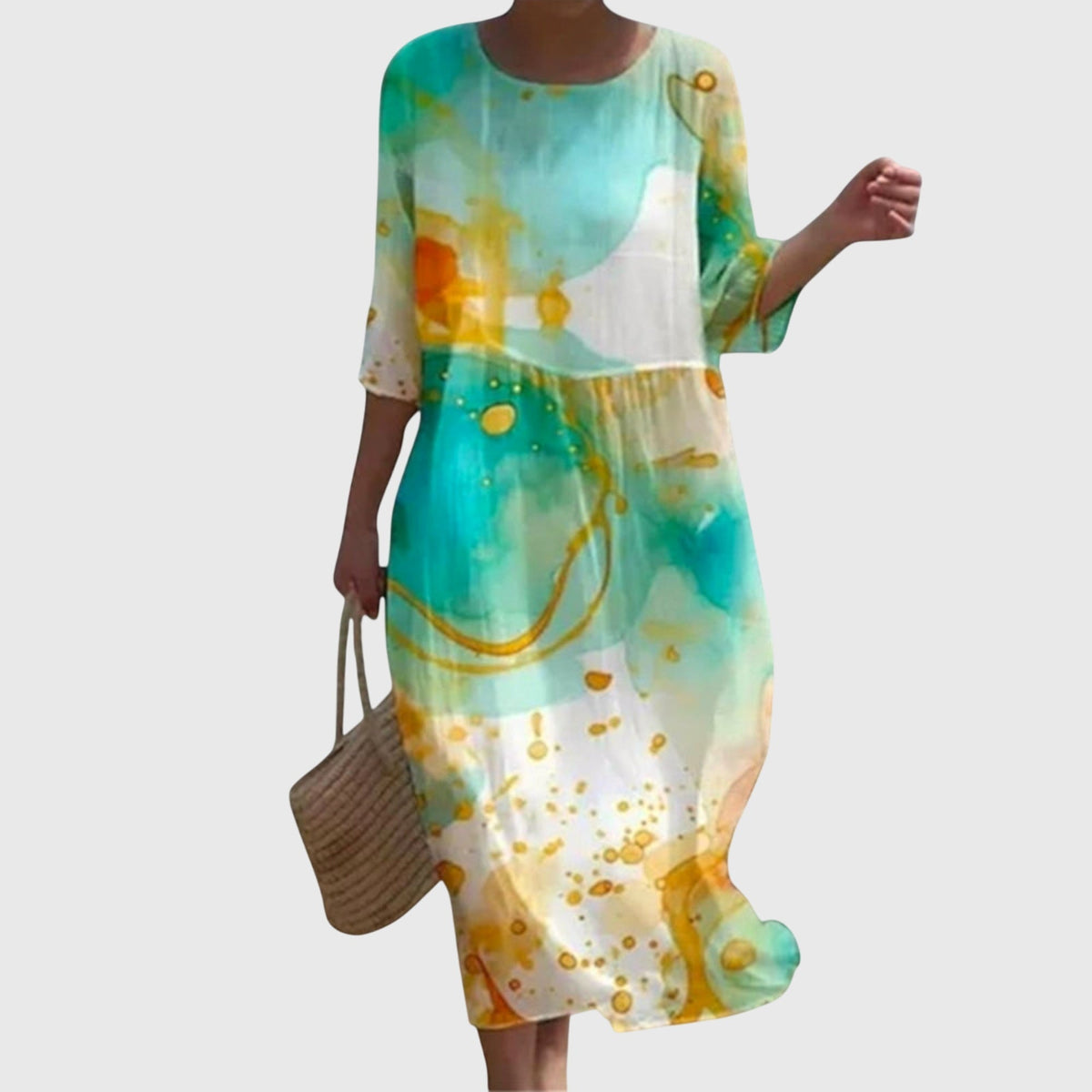 Round Neck Three-Quarter Sleeve Floral Rose Print Shift Midi Dress