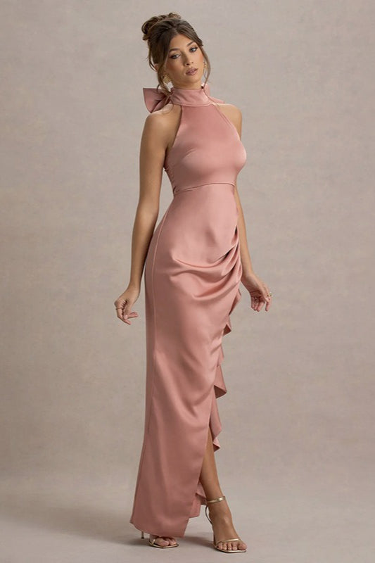 HighNeck Lace Slit Party Dress