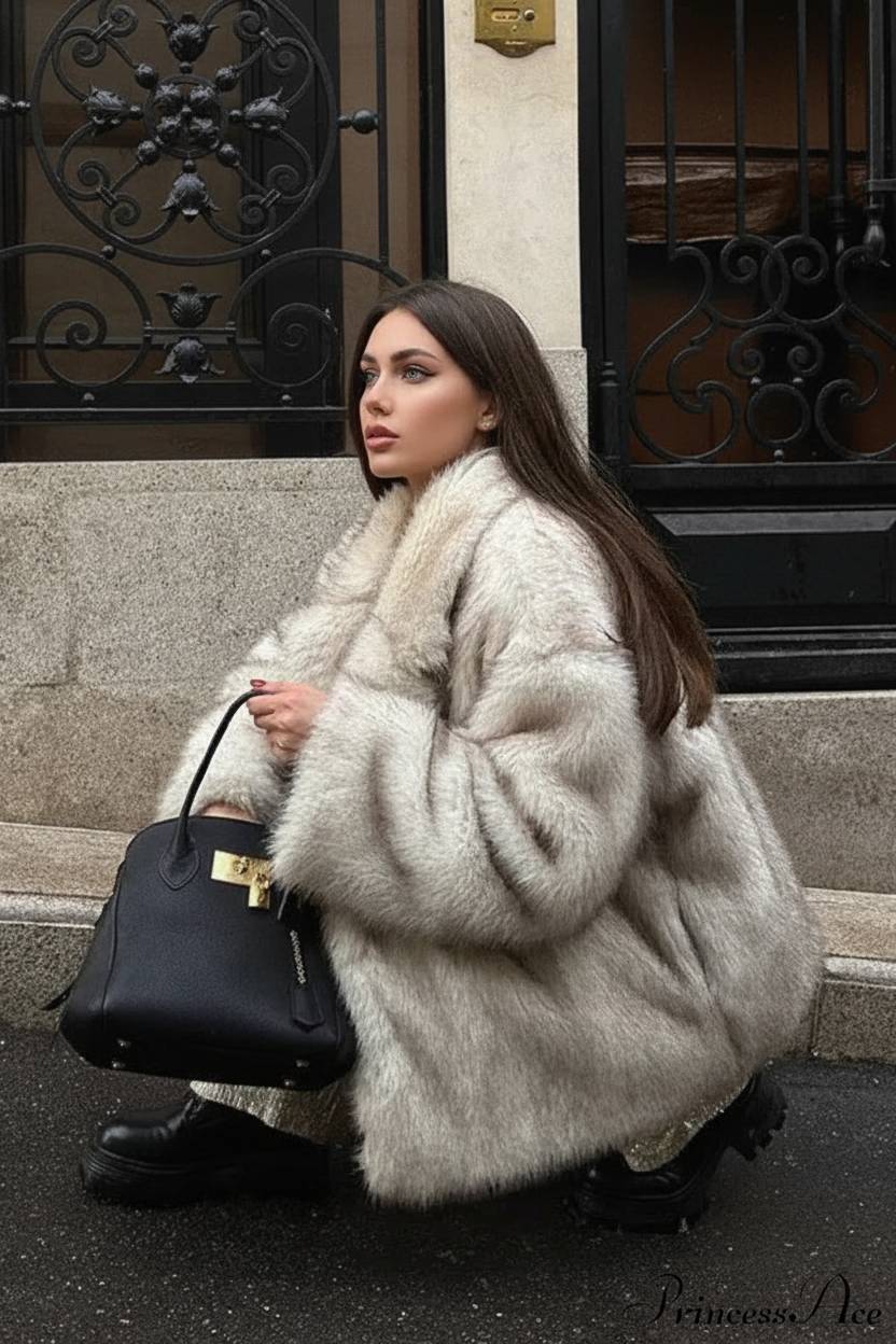 White TipDyed Faux Fox Fur MidLength Coat