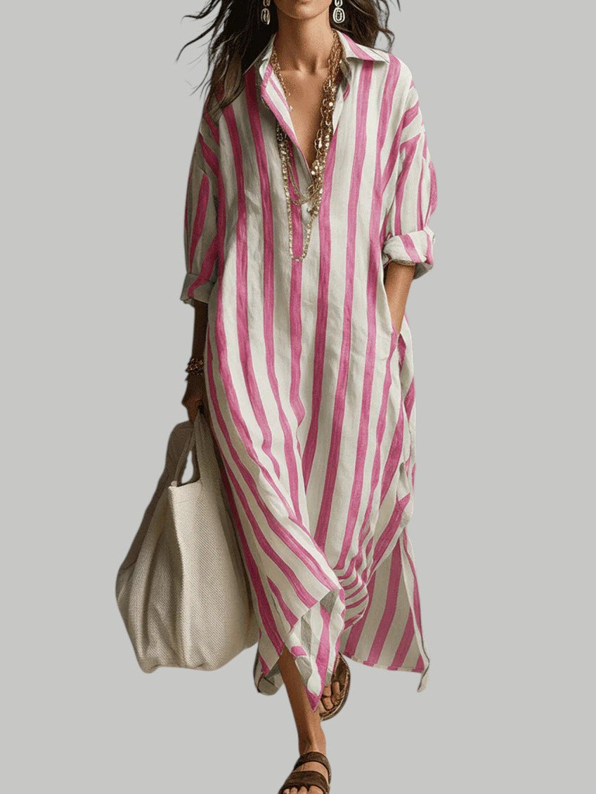 Collared Striped Long Sleeve Oversized Linen Shirt Maxi Dress