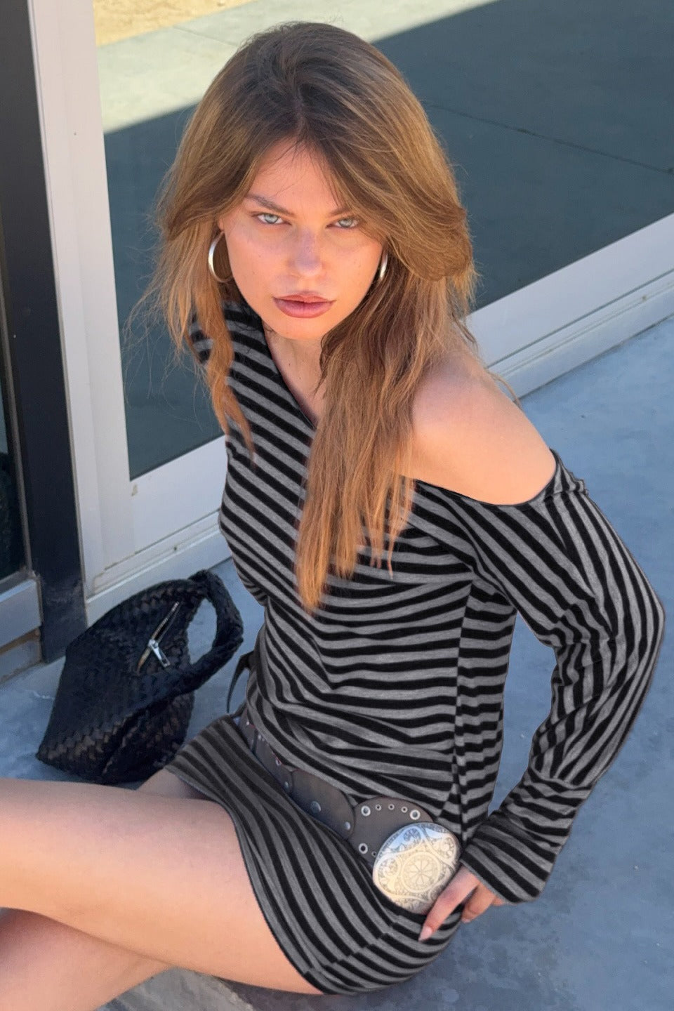 Stripe One Shoulder Long Sleeve Waist Cinch Mini Bodycon Dress