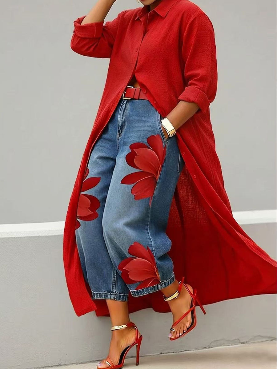 Collared Button Front Long Sleeve High Slit Longline Shirt Dress 3