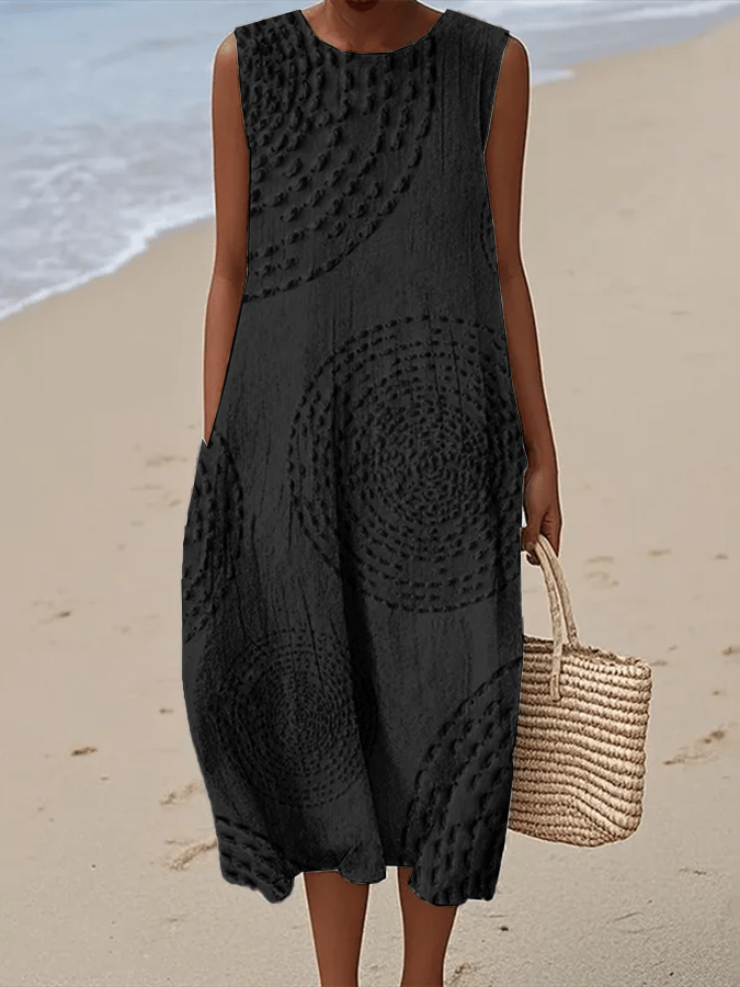 Round Neck Sleeveless Textured Circle Print Cocoon Midi Dress 2