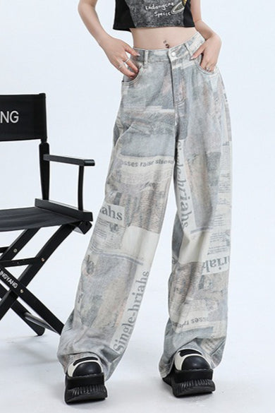 Newspaper Print Wide Leg Jeans