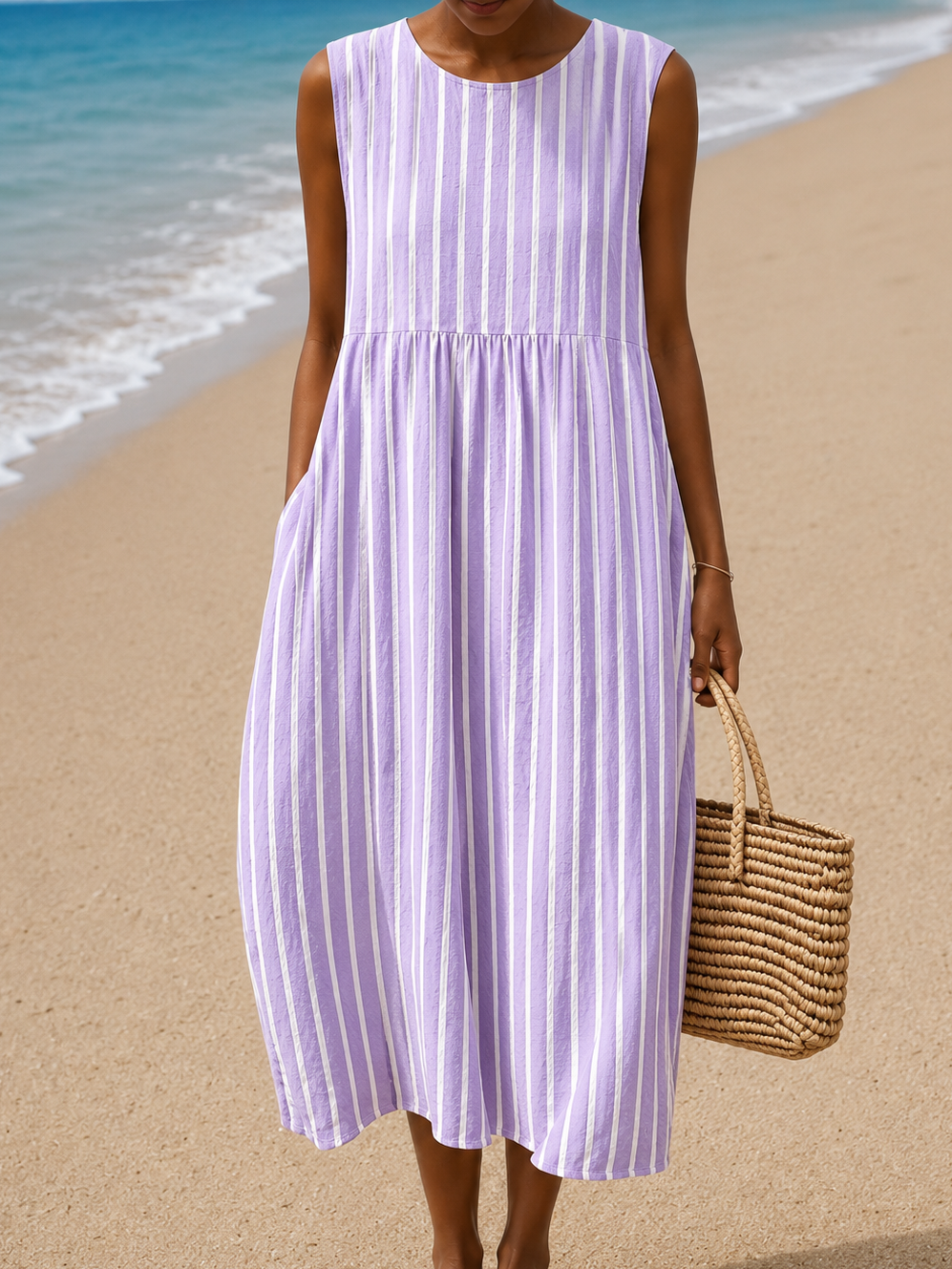 Round Neck Sleeveless Striped Pocket Empire Waist A-Line Midi Dress