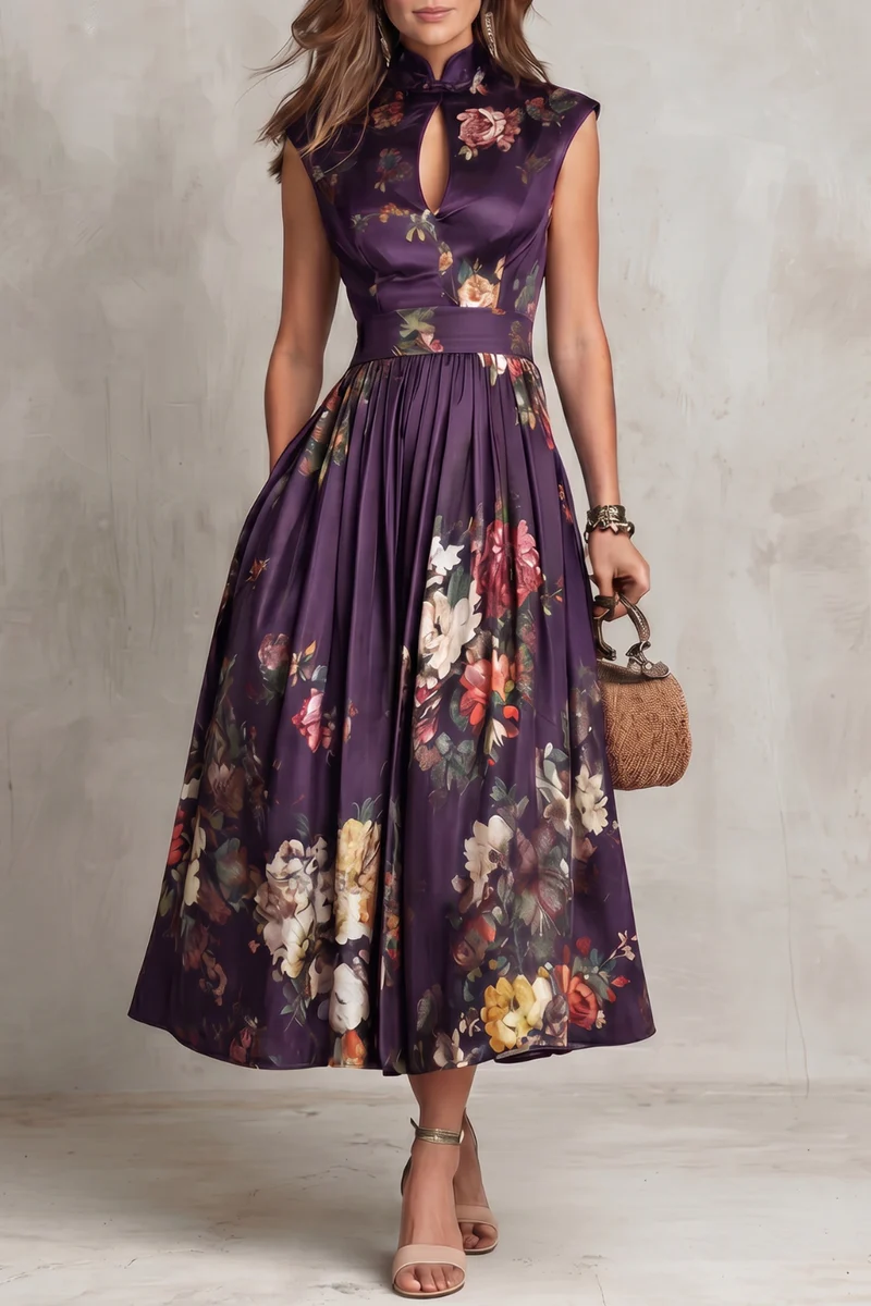 Mandarin Collar Keyhole Floral Pleated A-Line Midi Dress 6
