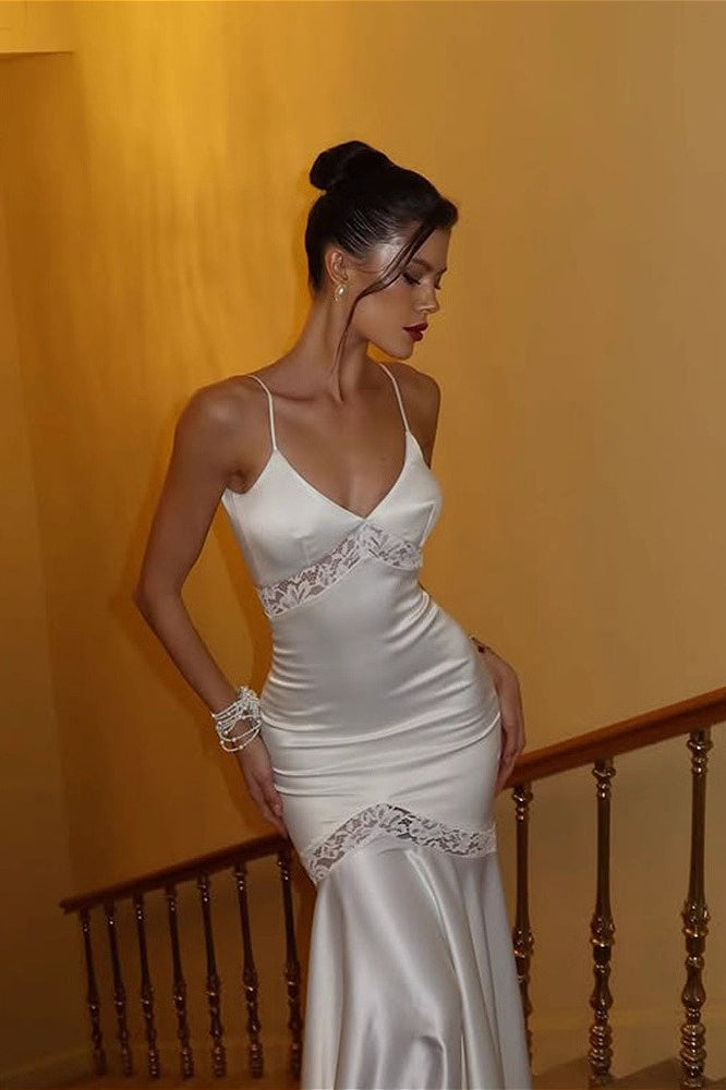 Lace Trimmed V-Neck Spaghetti Strap Solid Party Dress