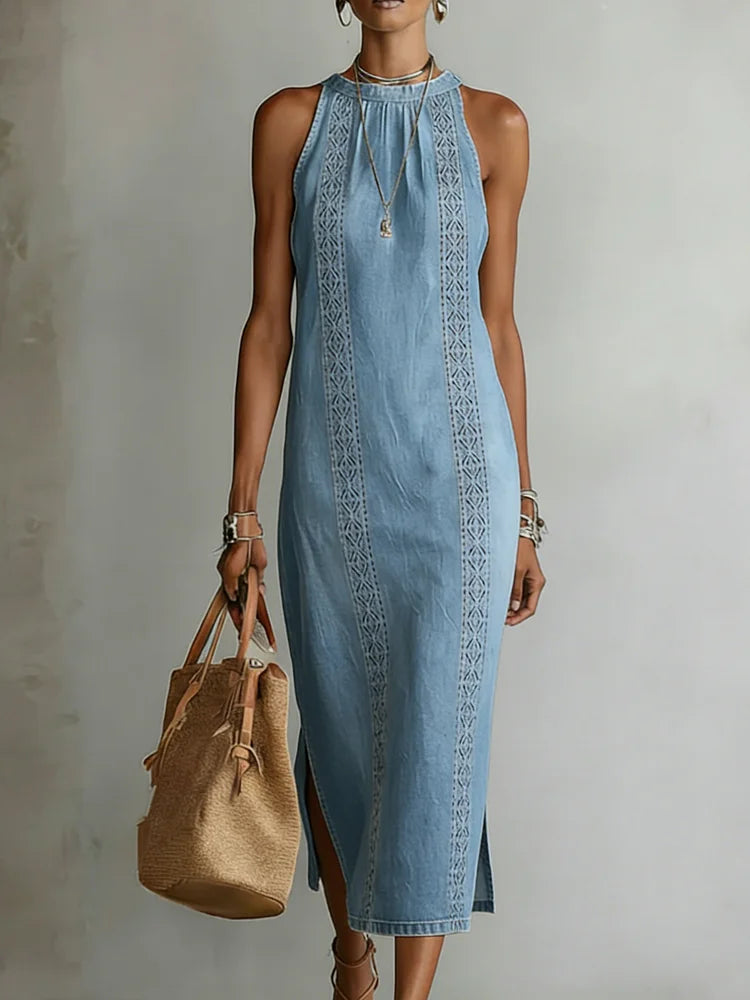Halter Neck Sleeveless Denim Embroidered Trim Side Slit Shift Maxi Dress
