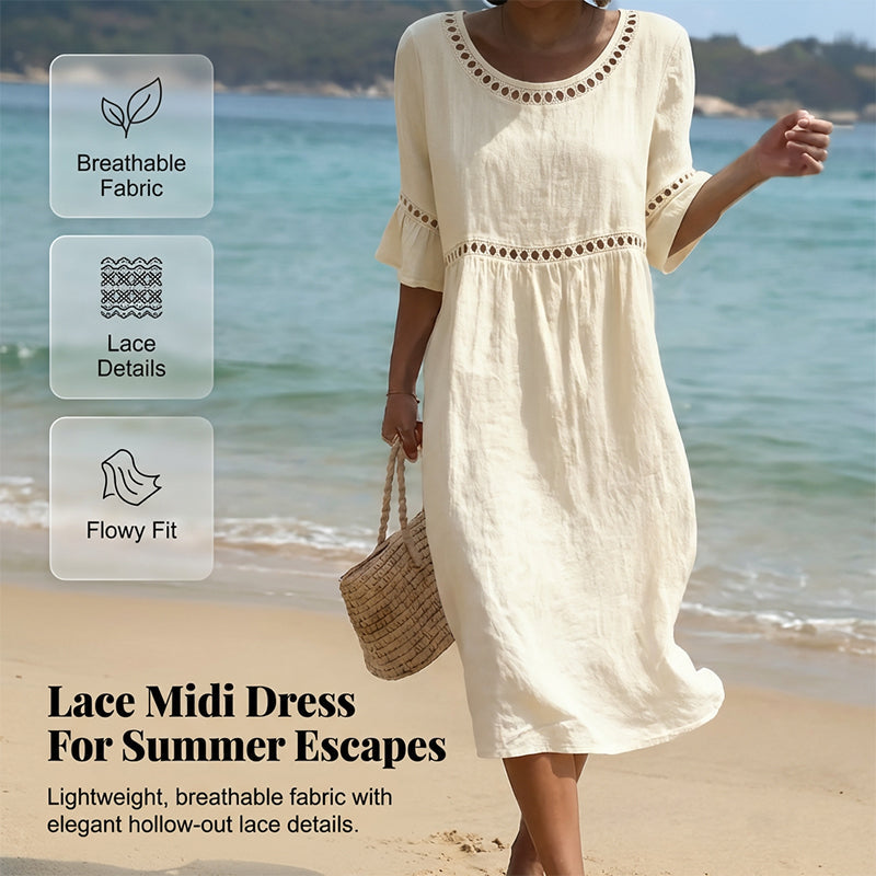 Round Neck Crochet Lace Trim Bell Sleeve Empire Waist Midi Dress 2