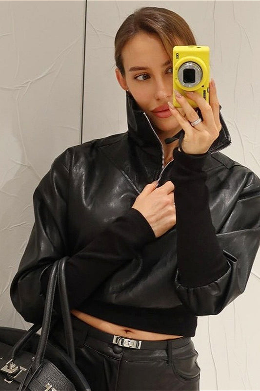Sexy PU Stand-Up Collar Slim Bomber Jacket
