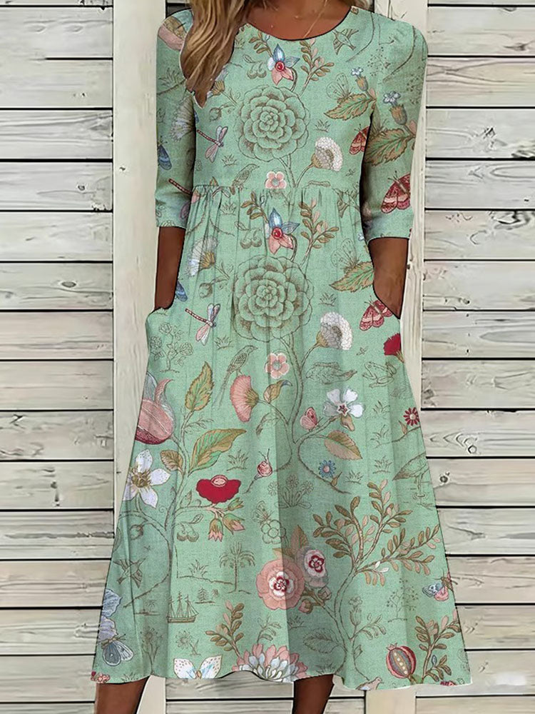 Round Neck Floral Print Three-Quarter Sleeve Pocket A-Line Midi Dress 2