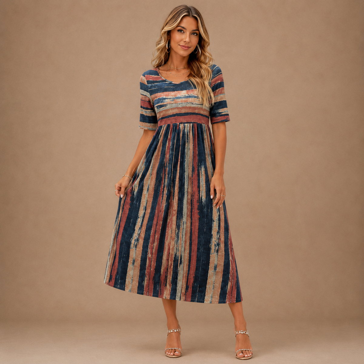 Multicolor Round Neck Abstract Stripe Short Sleeve Empire Waist A-Line Midi Dress 3