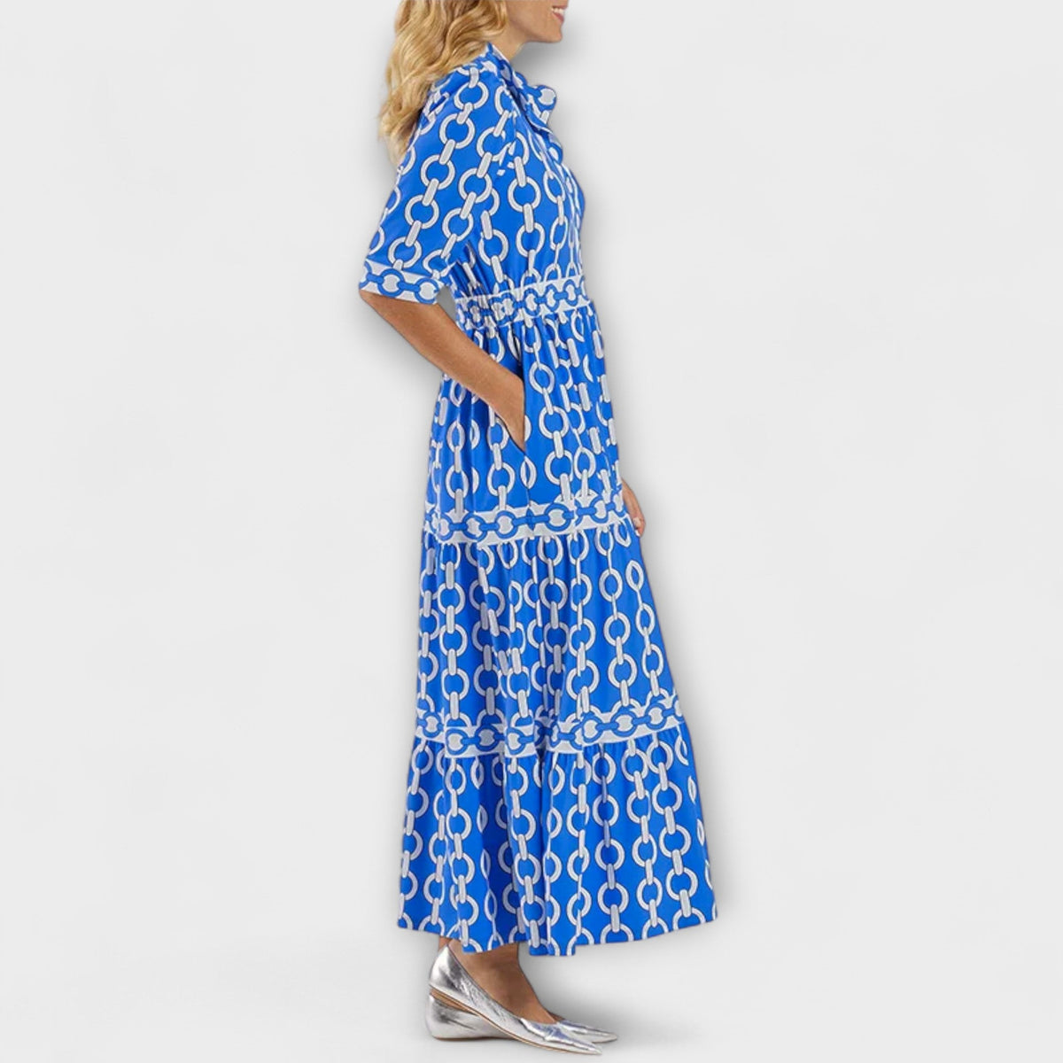 Collared Button Front Chain Print Three-Quarter Sleeve Tiered Maxi Dress