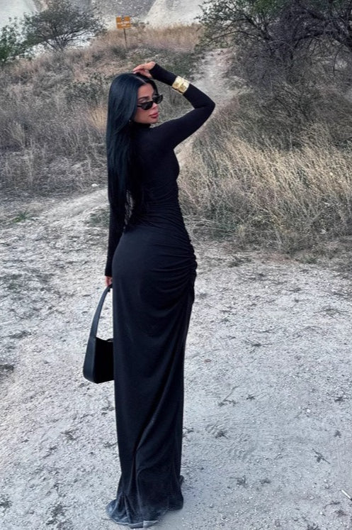 Ruched Mock Neck LongSleeve Work Dress