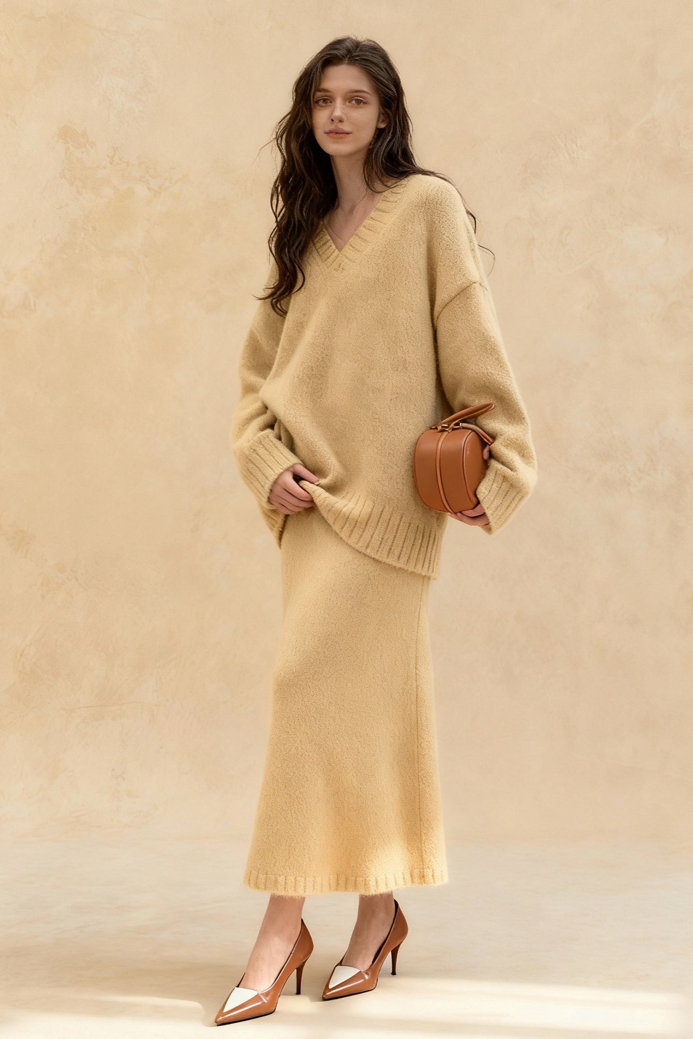 Lazy Vneck Knit Sweater Mermaid Skirt Two Piece Set