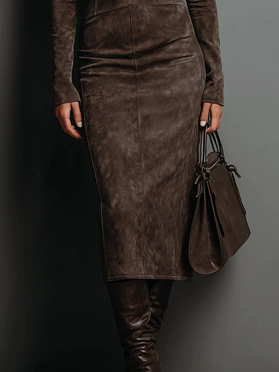Turtleneck Suede Long Sleeve Bodycon Midi Dress