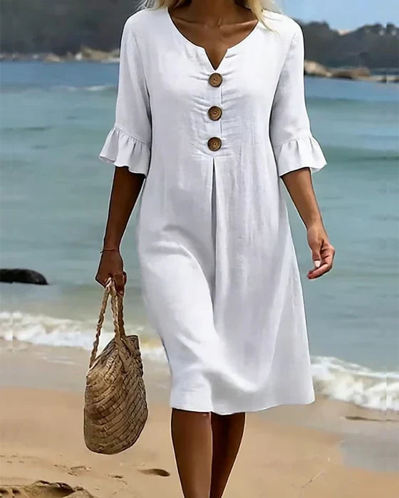 Notch Neck Button Ruffle Sleeve Floral Print Shift Midi Dress