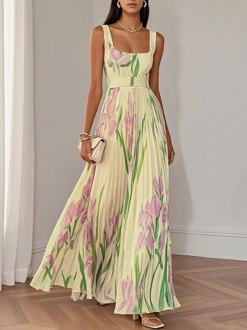 Square Neck Floral Print Sleeveless Pleated A-Line Maxi Dress
