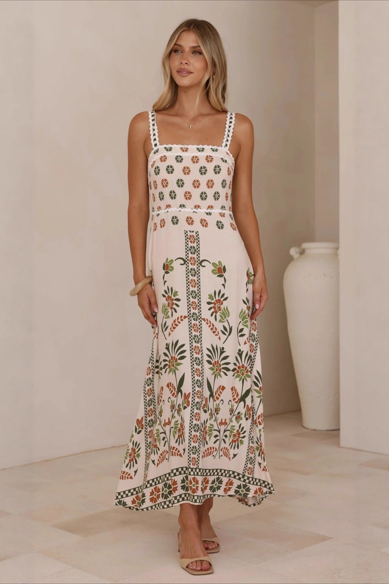 Square Neck Lace Trim Empire Waist Geometric Floral Border Maxi Dress 7