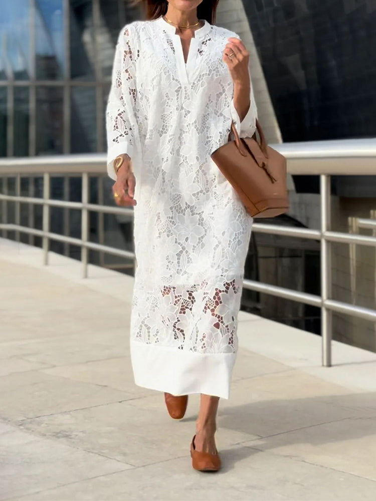 White Split Neck Floral Lace Cutout Long Sleeve A-Line Maxi Dress
