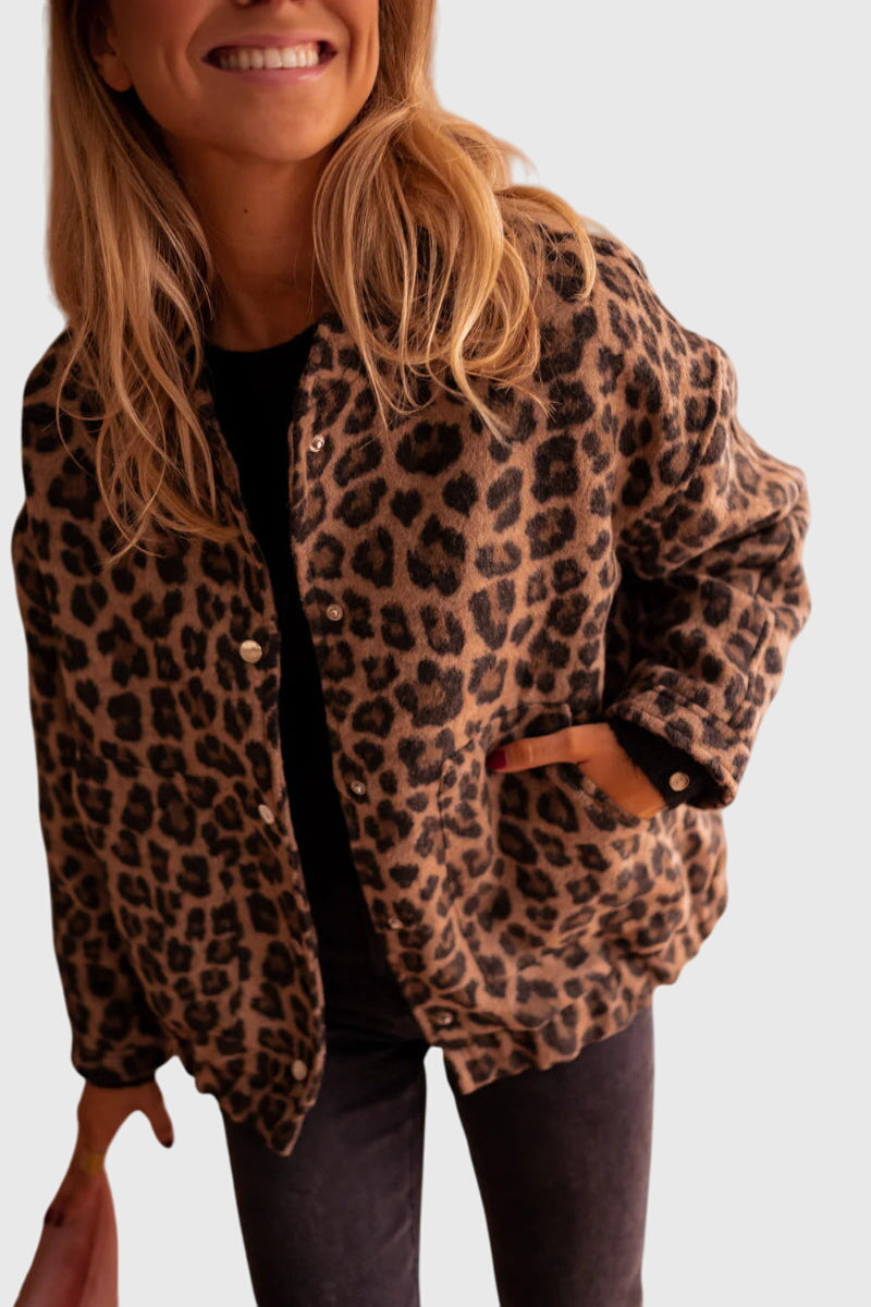 Leopard Collared Button Front Long Sleeve Leopard Print Jacket