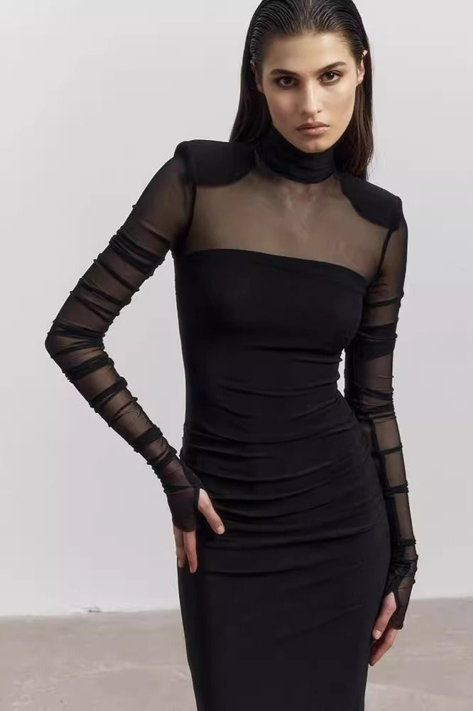 Mesh Panel Turtleneck Bodycon Midi Dress