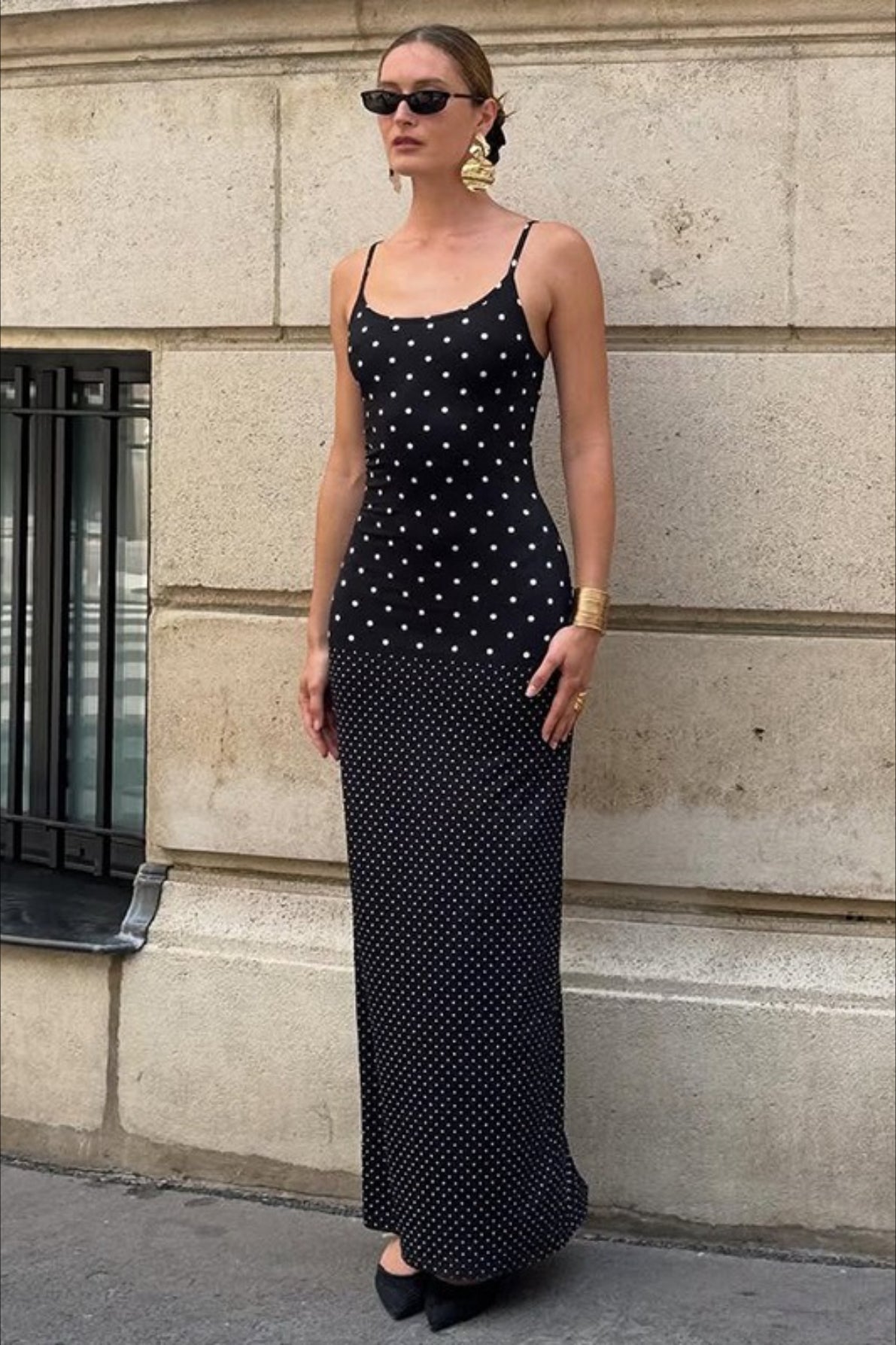 Retro Polka Dot Long Body Hugging Slip Dress