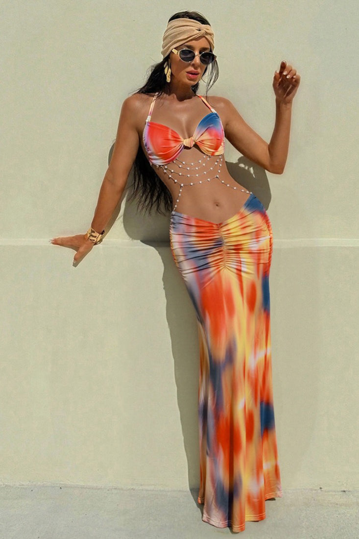 Halter Bow Front Ruched Waist Marble Print Maxi Skirt Two Piece Set 7