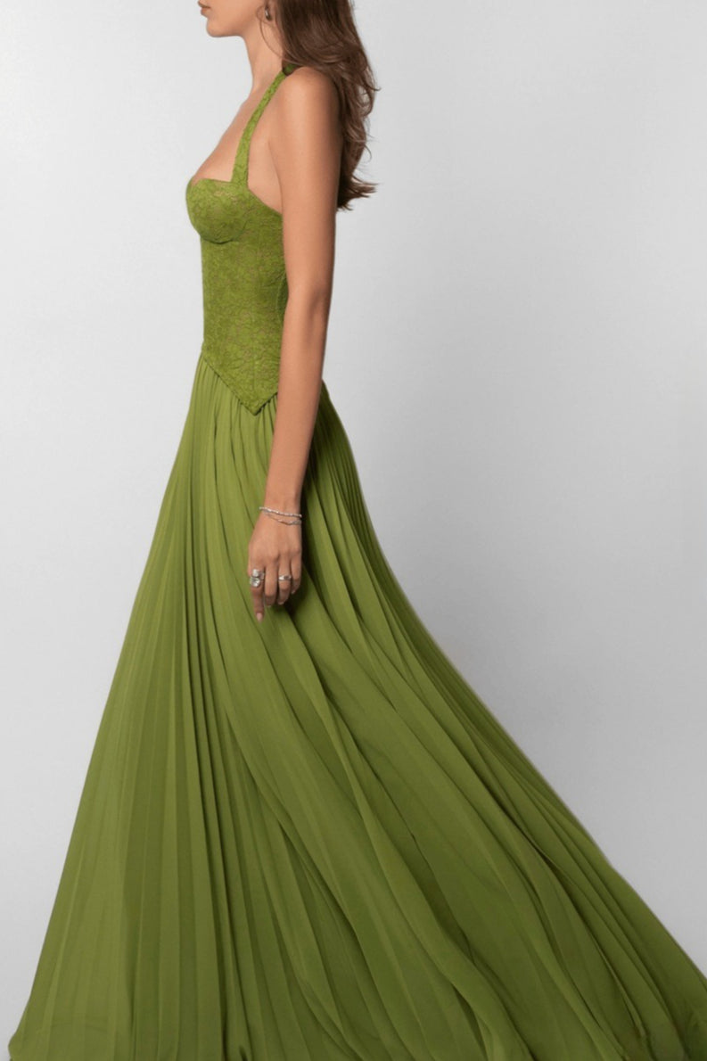 Halter Deep V Neck Lace Bodice Accordion Pleated Maxi Dress 5