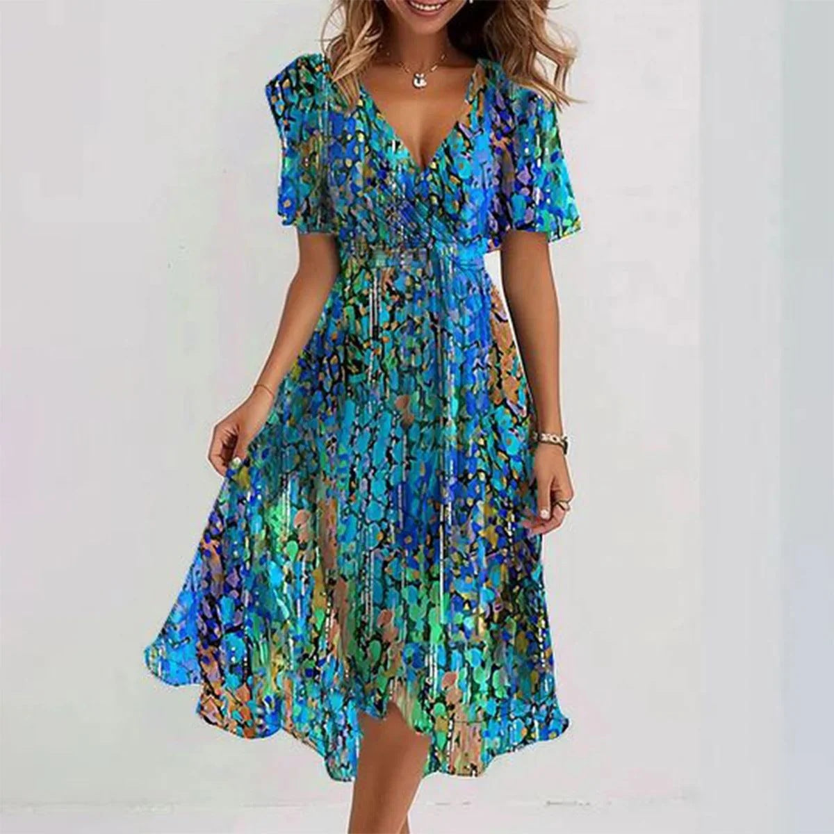 V-Neck Floral Print Flutter Sleeve Tie Waist Wrap Midi Dress