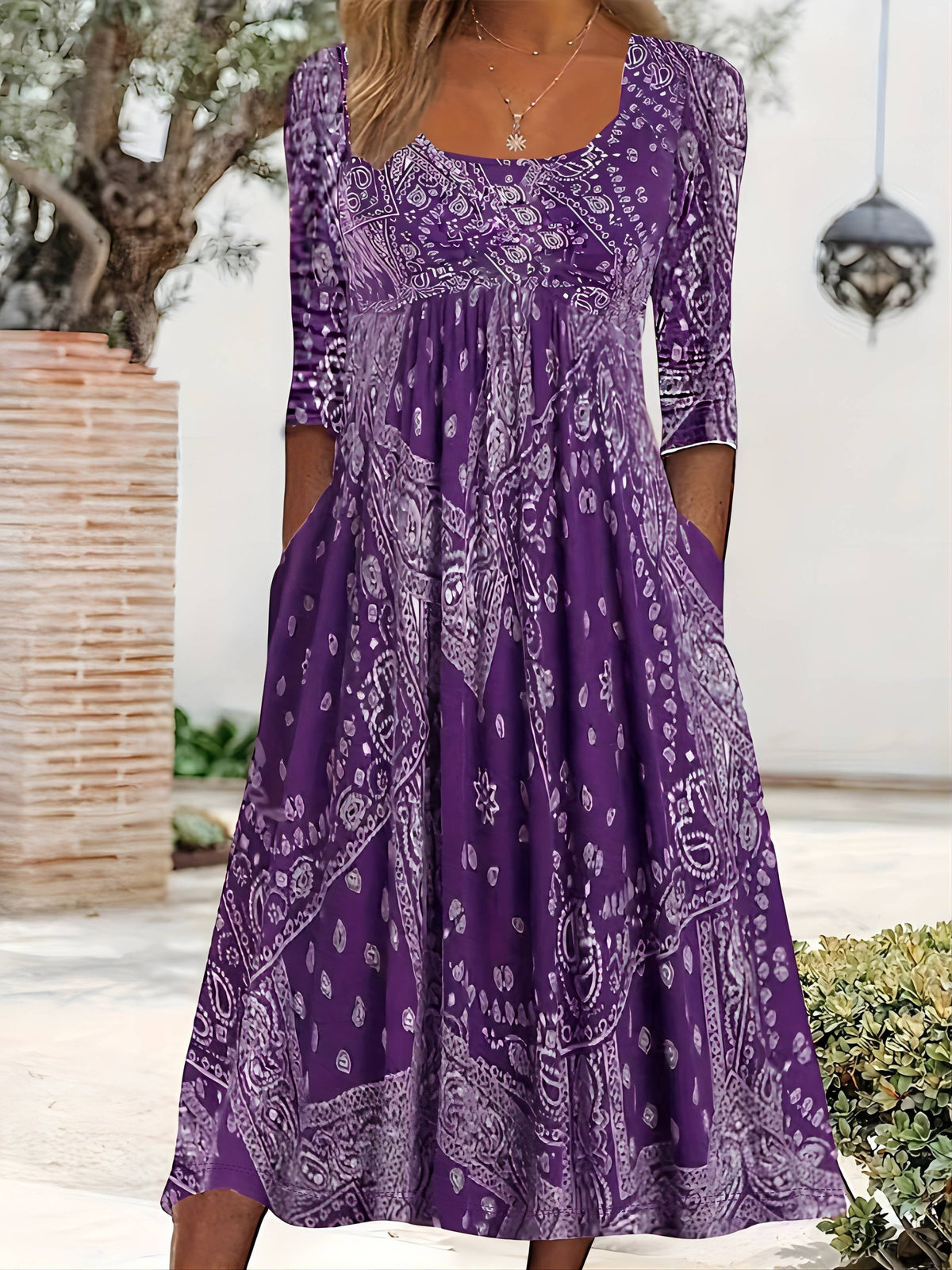 Square Neck Paisley Print Empire Waist Pocket Midi Dress 2