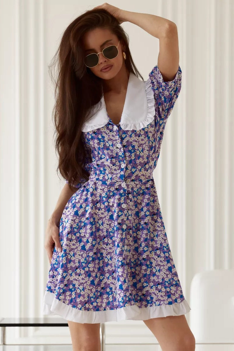 Purple Oversized Peter Pan Collar Puff Sleeve Ruffle Hem Ditsy Floral Mini Dress 5