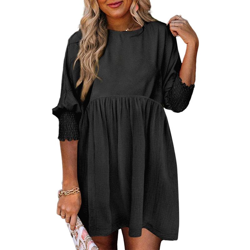 Round Neck Textured Smocked Cuff Sleeve Babydoll Mini Dress