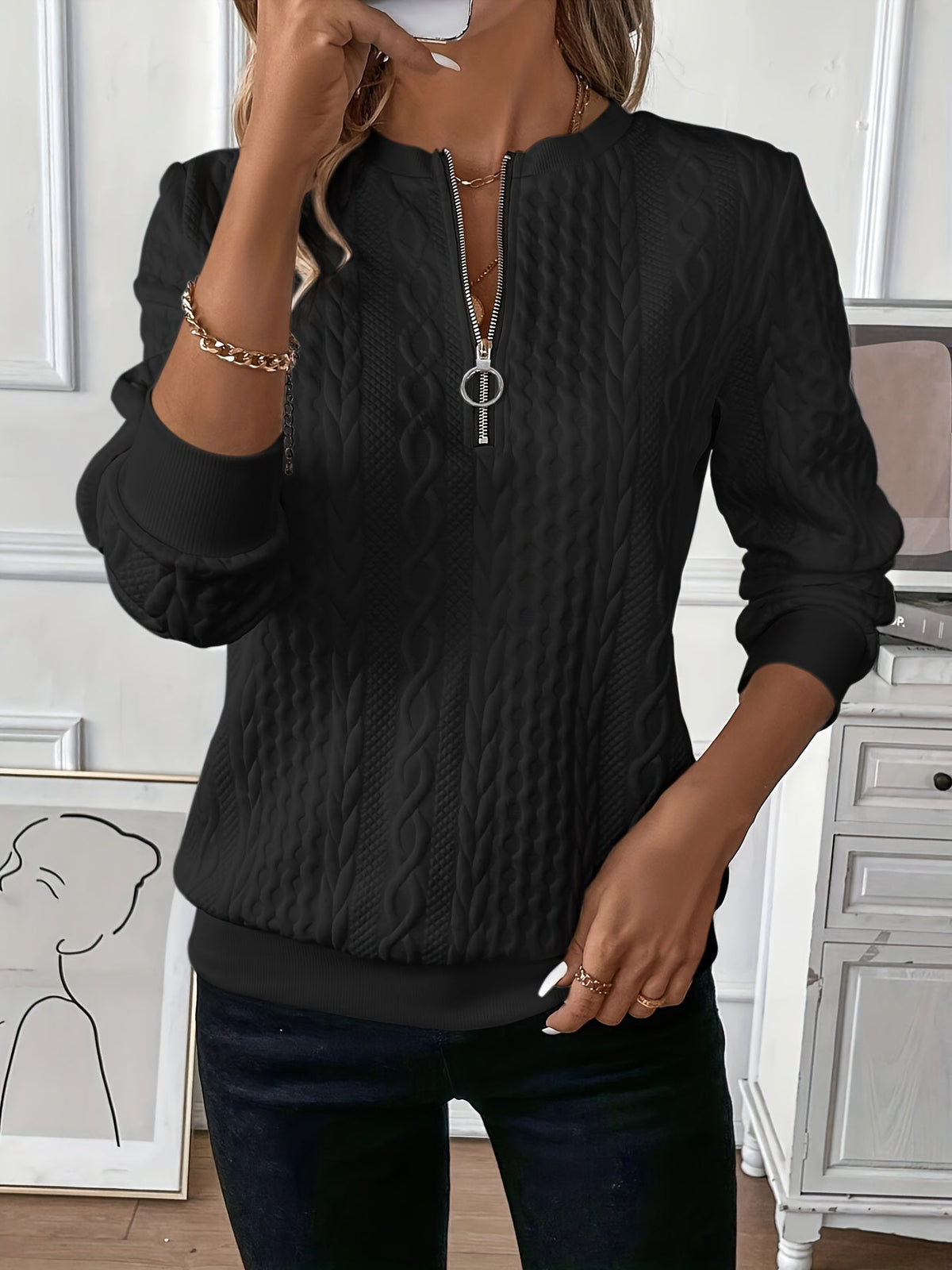 Round Neck Quarter Zip Cable Knit Long Sleeve Sweatshirt 9