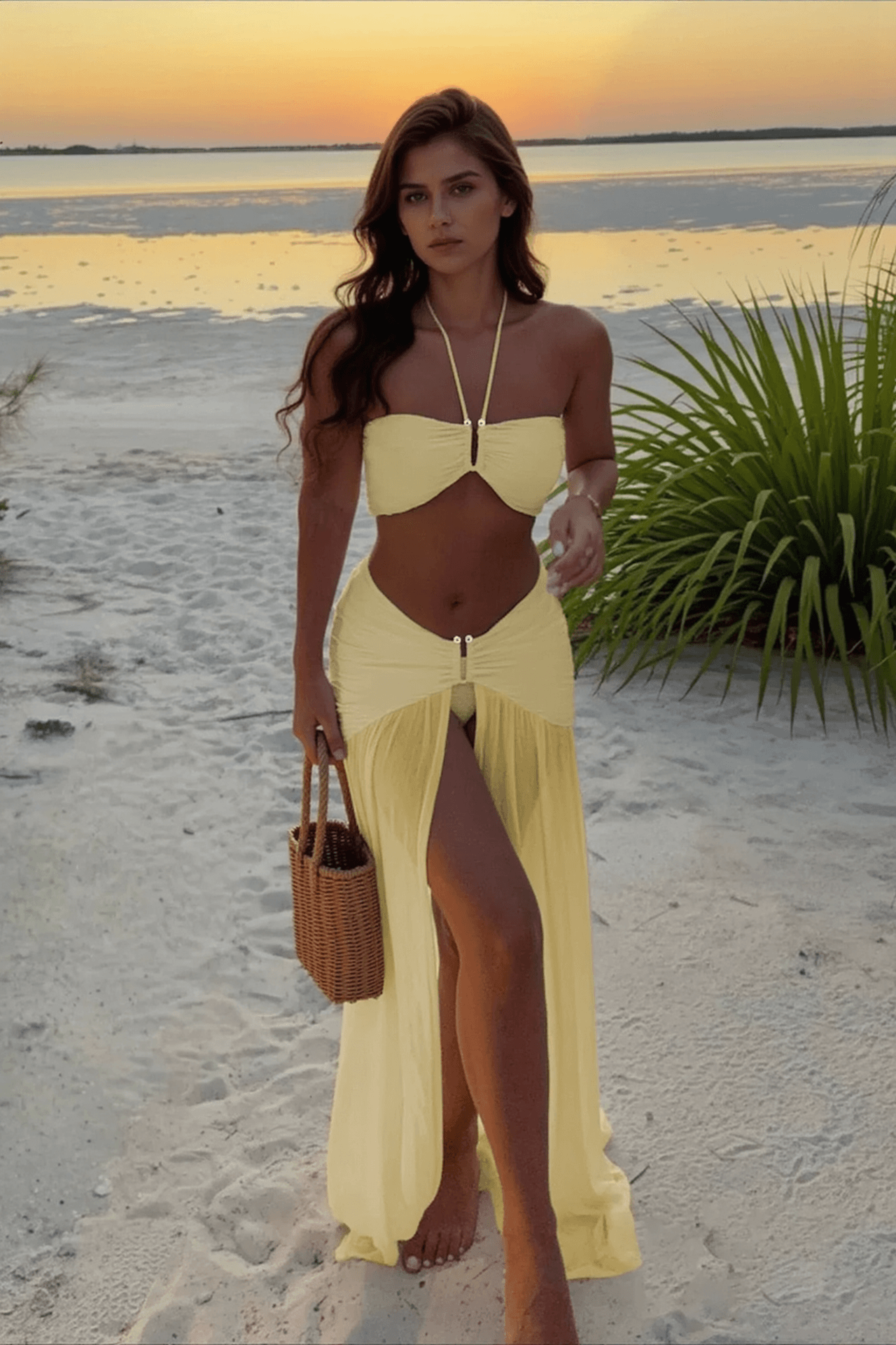 Halter Slit Long Dress Three Piece Swim Set