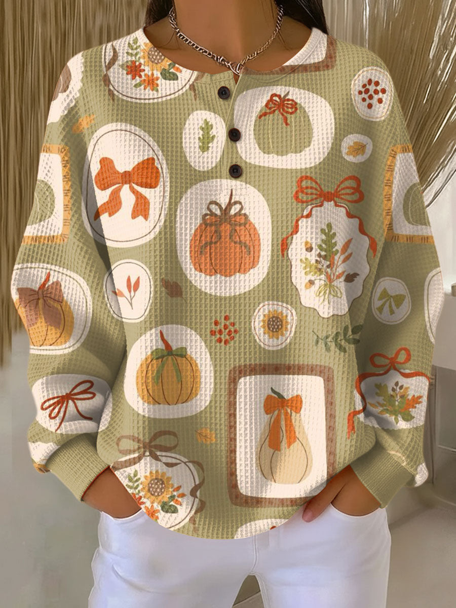 Multicolor Round Neck Pumpkin Print Waffle Knit Long Sleeve Sweater