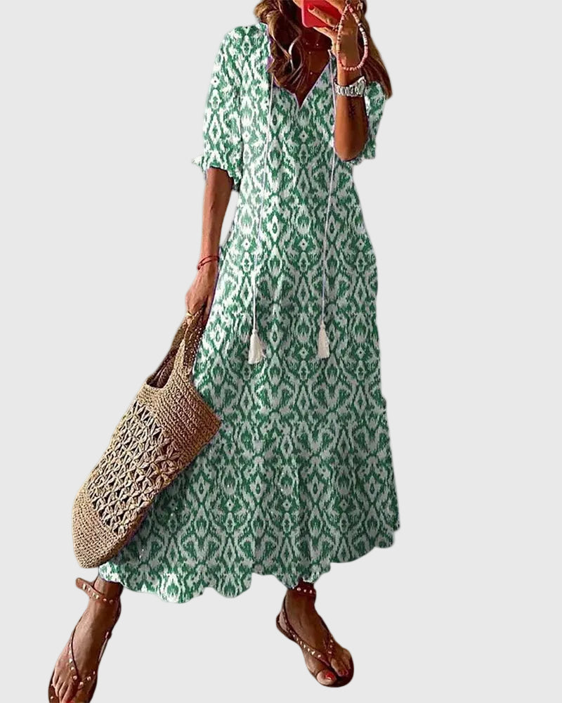 V-Neck Tassel Drawstring Short Sleeve Ikat Print Tiered Maxi Dress