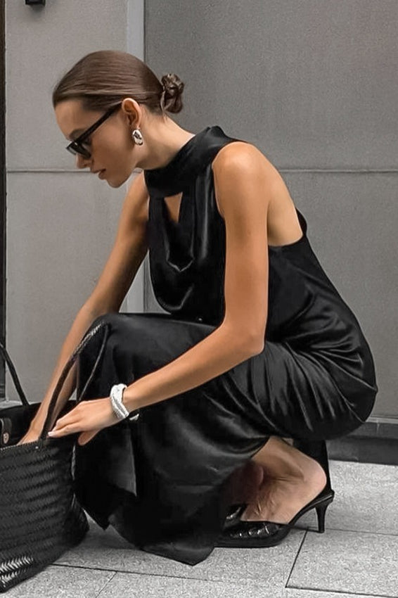 Black Satin Halter Maxi Dress