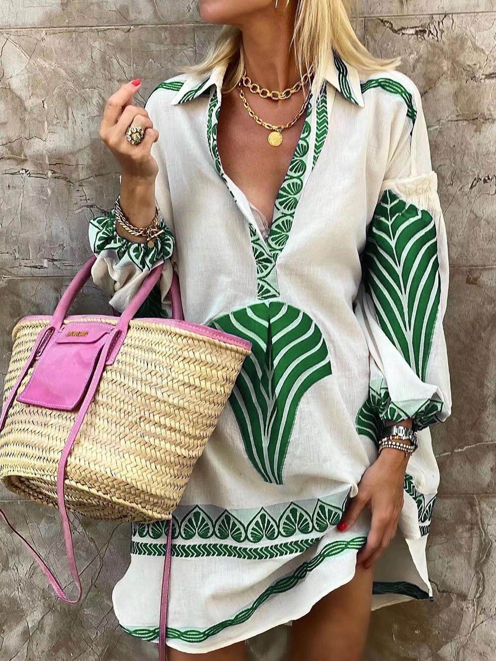 Collared Leaf Print Lantern Sleeve Loose Shirt Mini Dress