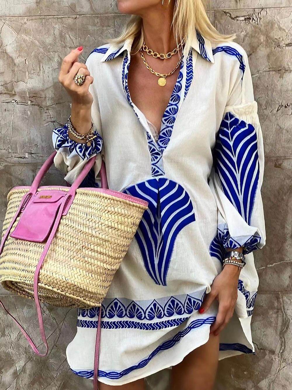 Collared Leaf Print Lantern Sleeve Loose Shirt Mini Dress
