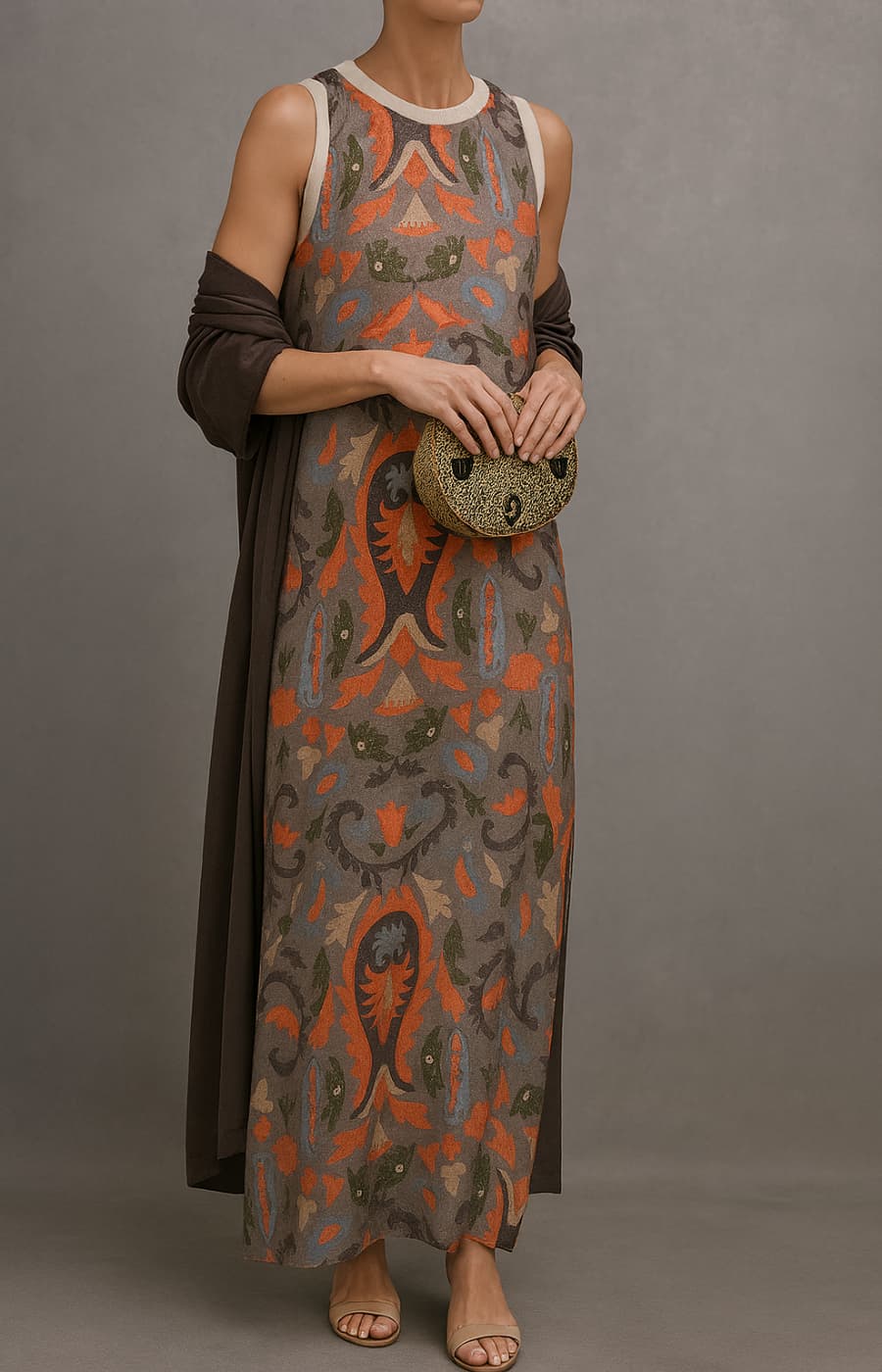 Round Neck Sleeveless Paisley Floral Print Straight Maxi Dress 4