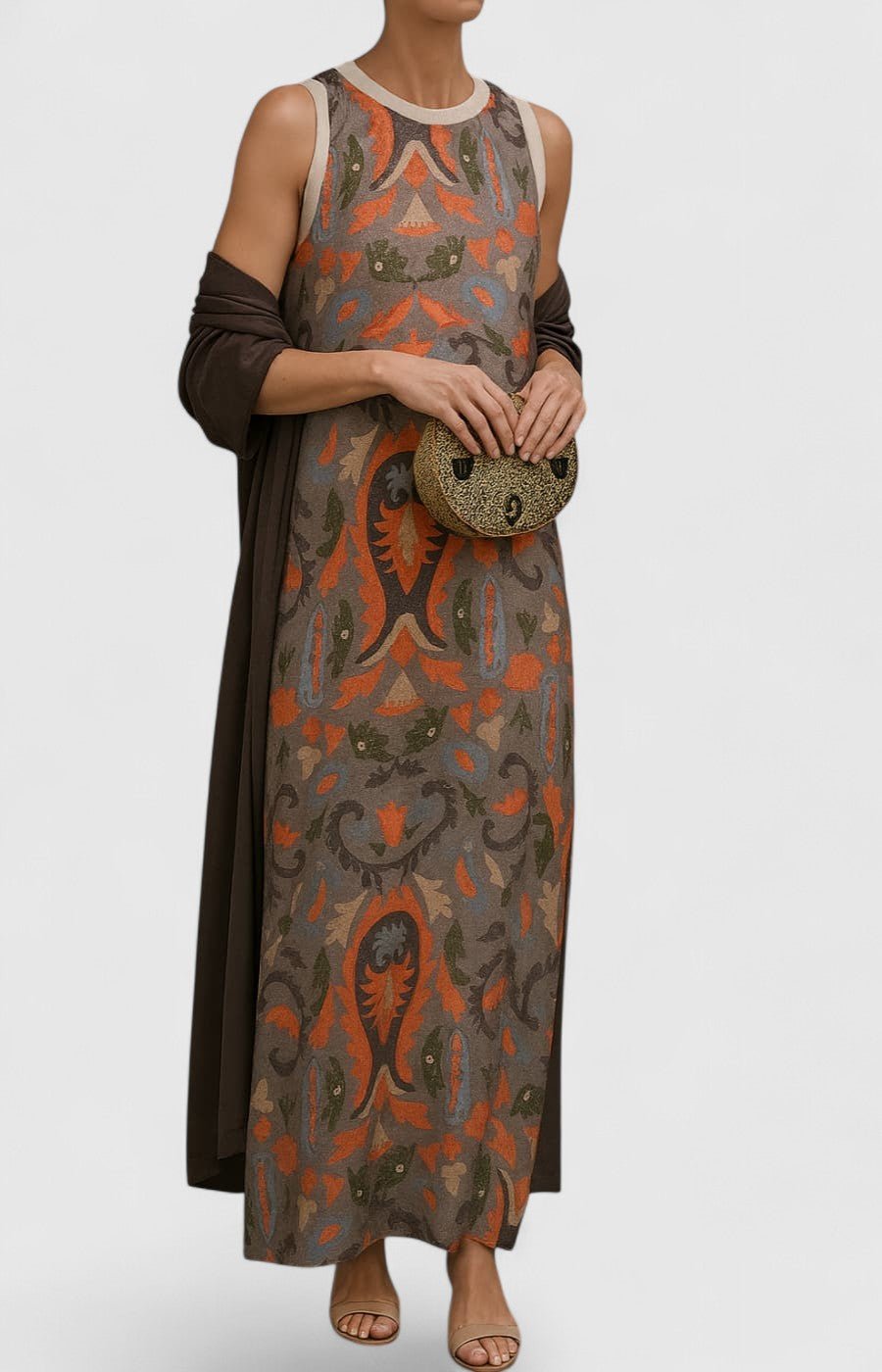 Round Neck Floral Print Sleeveless Straight Maxi Dress
