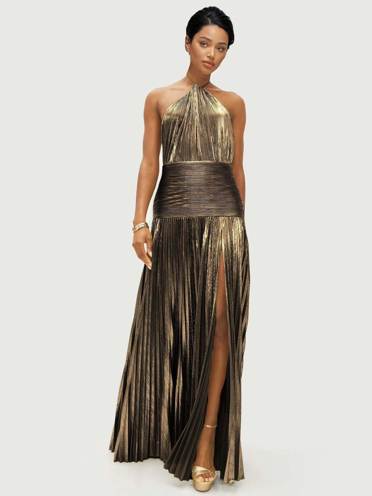 Halter Neck Metallic Pleated High Slit A-Line Gown 4