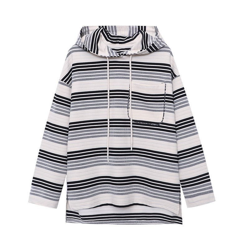 Trendy Contrasting Striped Drawstring Hooded Sweater