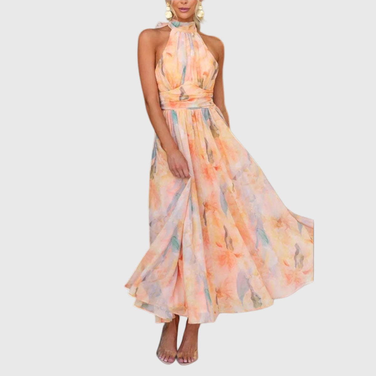 Reddish Orange Halter Neck Watercolor Floral Ruched Waist Flowy Maxi Dress 3