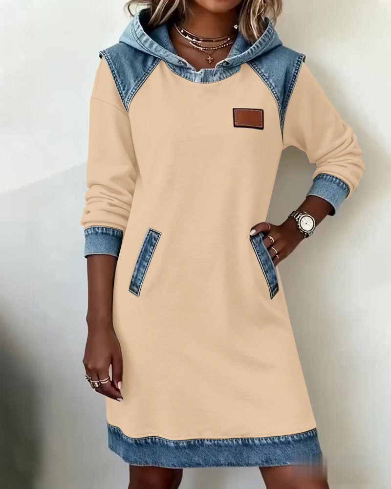 Hooded Long Sleeve Denim Contrast Panel Pocket Sweatshirt Mini Dress