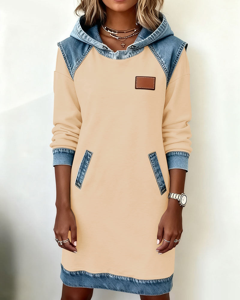Hooded Long Sleeve Denim Contrast Panel Pocket Sweatshirt Mini Dress